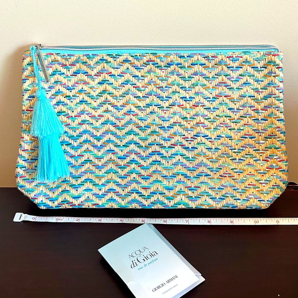 NEW Colorful Woven Straw clutch Bag Handbag beachy + Armani perfume sample.